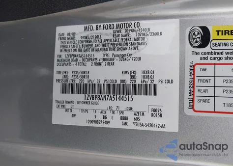 2010 Ford Mustang z USA, uszkodzony, nr VIN 1ZVBP8AN7A5144515